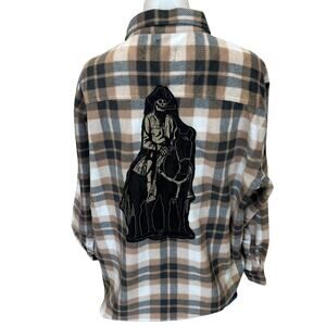 Skelton Cowboy Fleece Plaid Shirt XL Oversized Unique Western Flannel Upcycled